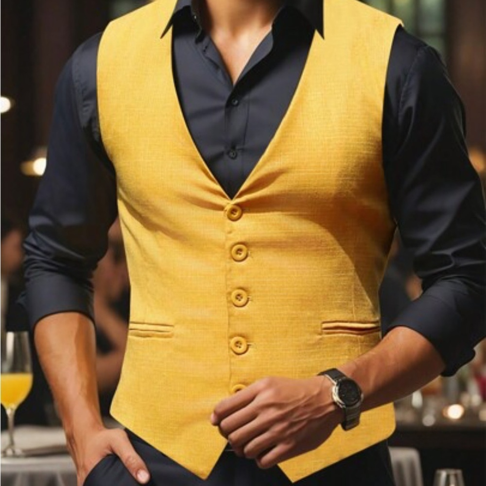 MINA SELF Yellow Vest Slim Fit Sz XL Wedding Suit Vest Casual Sleeveless Formal